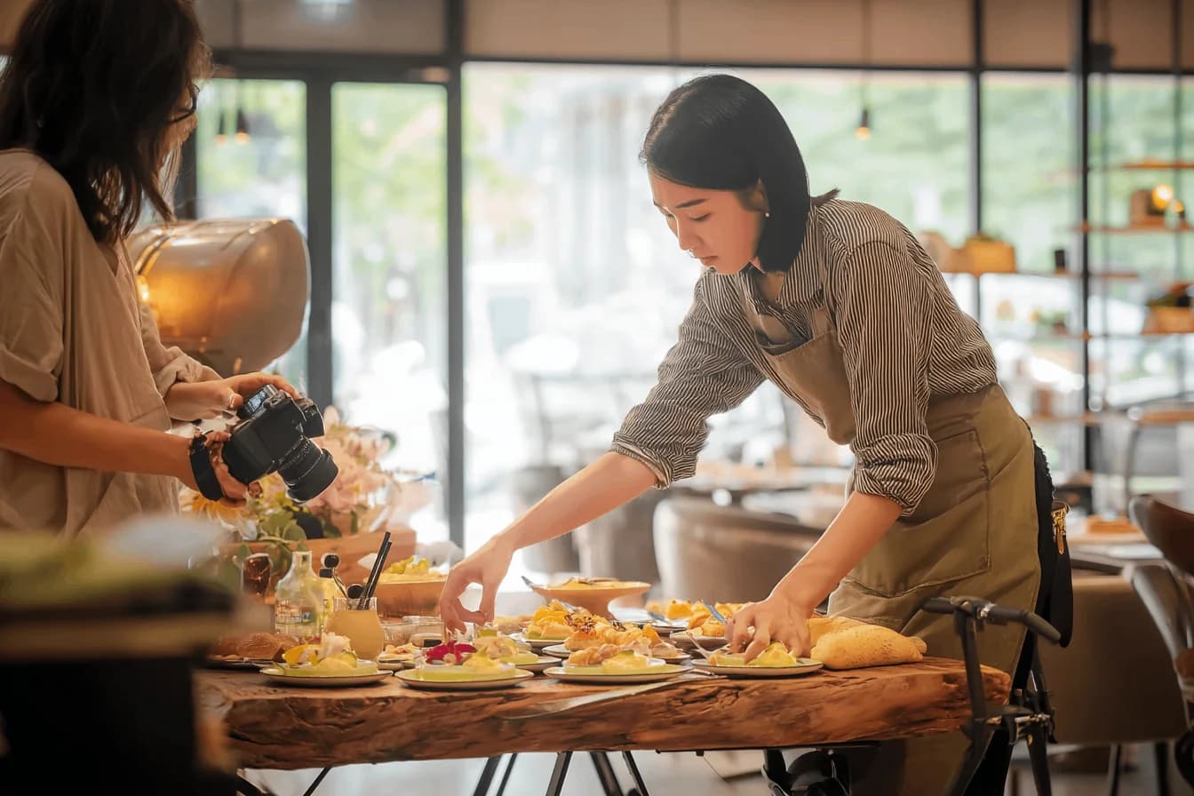 A SocialLee food shoot on location in a restaurant: one person arranges plated dishes along a wooden table while another holds a camera.