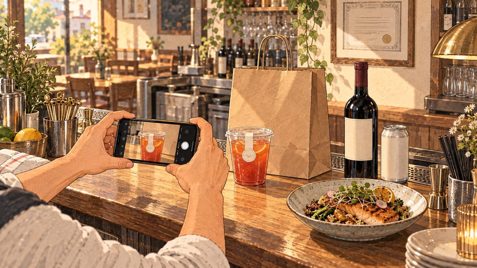 Illustration of a restaurant bar counter where hands hold a phone in landscape to photograph a sealed to-go cocktail cup beside a paper delivery bag, with an unlabelled wine bottle, a can and a plated dish next to it and a framed license on the wall.