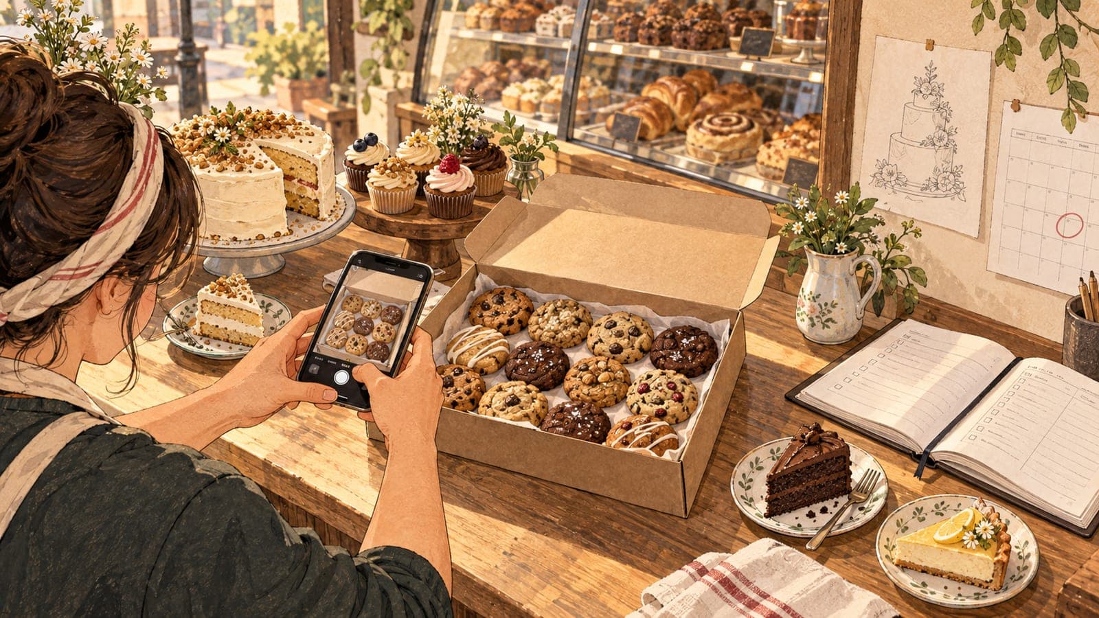 Illustration of a baker photographing an open box of a dozen cookies with a phone on a bakery counter, beside a cut cake, cupcakes and plated slices, with an order book and a calendar for custom cake orders at the end of the counter.