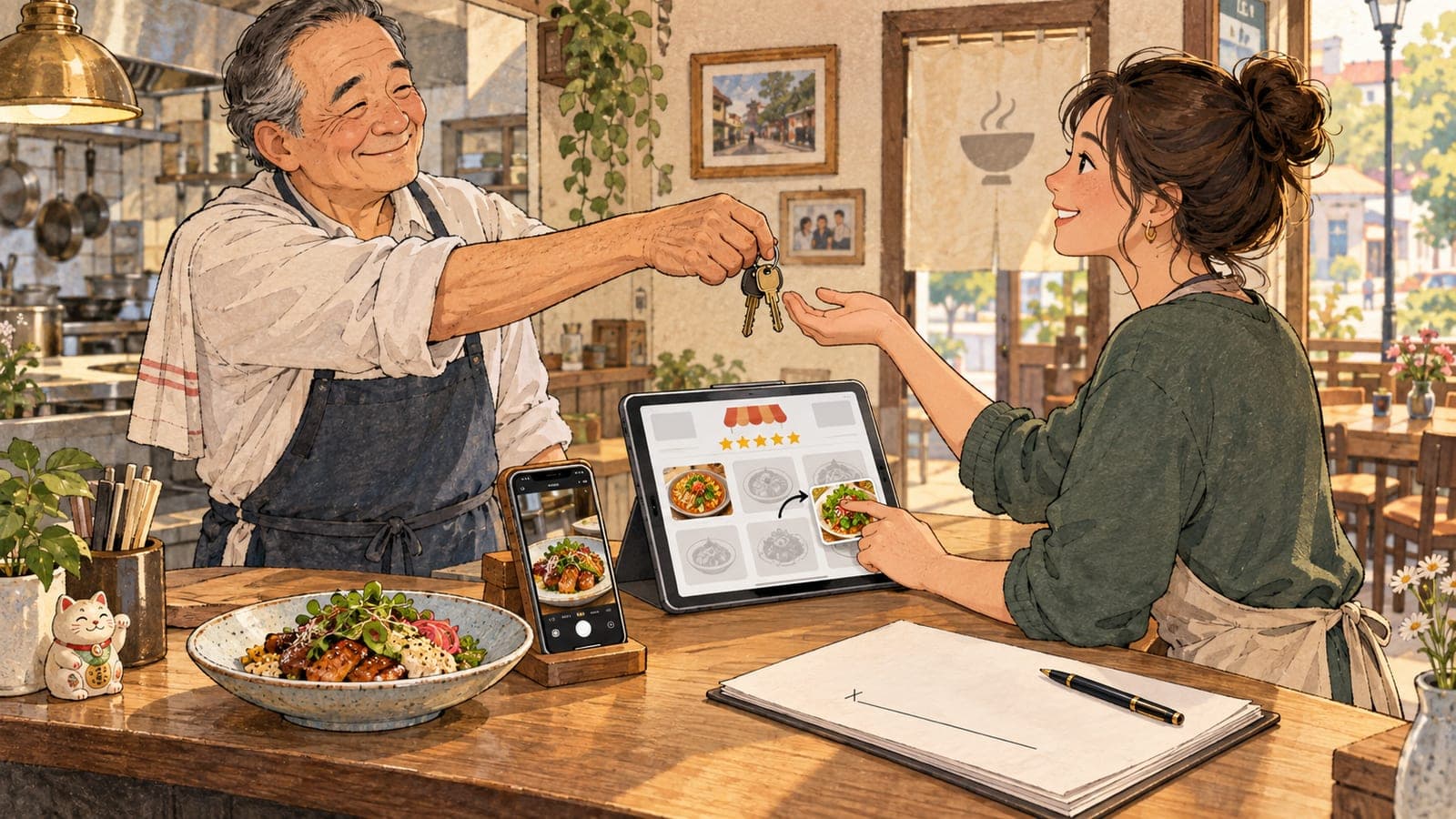 Illustration of a restaurant owner handing the keys across the counter to the new owner, with a tablet between them showing a delivery app storefront with star ratings and dish tiles, and a phone propped beside a plated dish ready to be photographed.