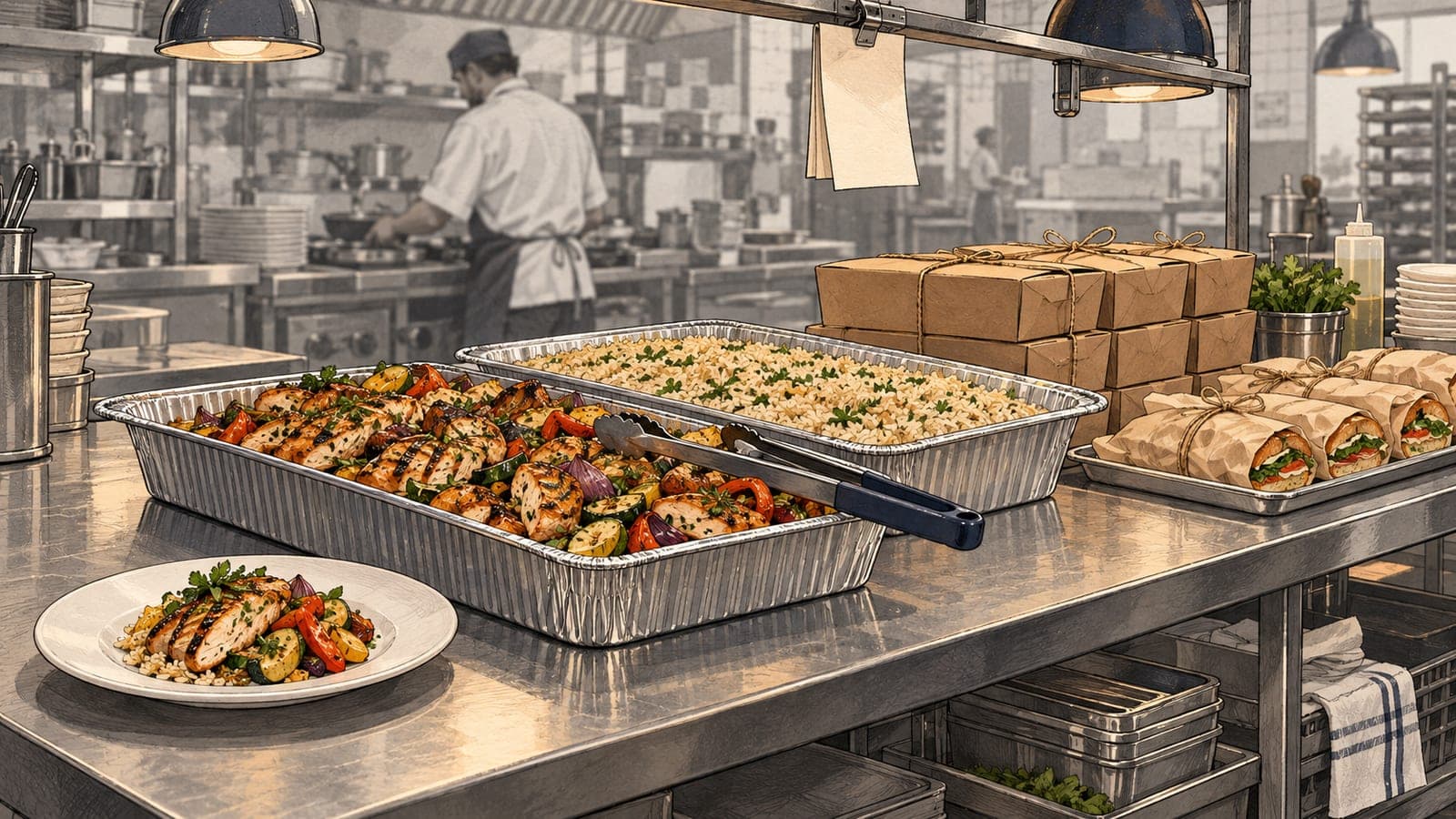 Illustration of a catering order on a restaurant prep table: aluminum trays of grilled chicken with vegetables and of rice, stacked kraft boxed lunches and wrapped sandwiches, with a single plated portion of the same chicken dish in front.