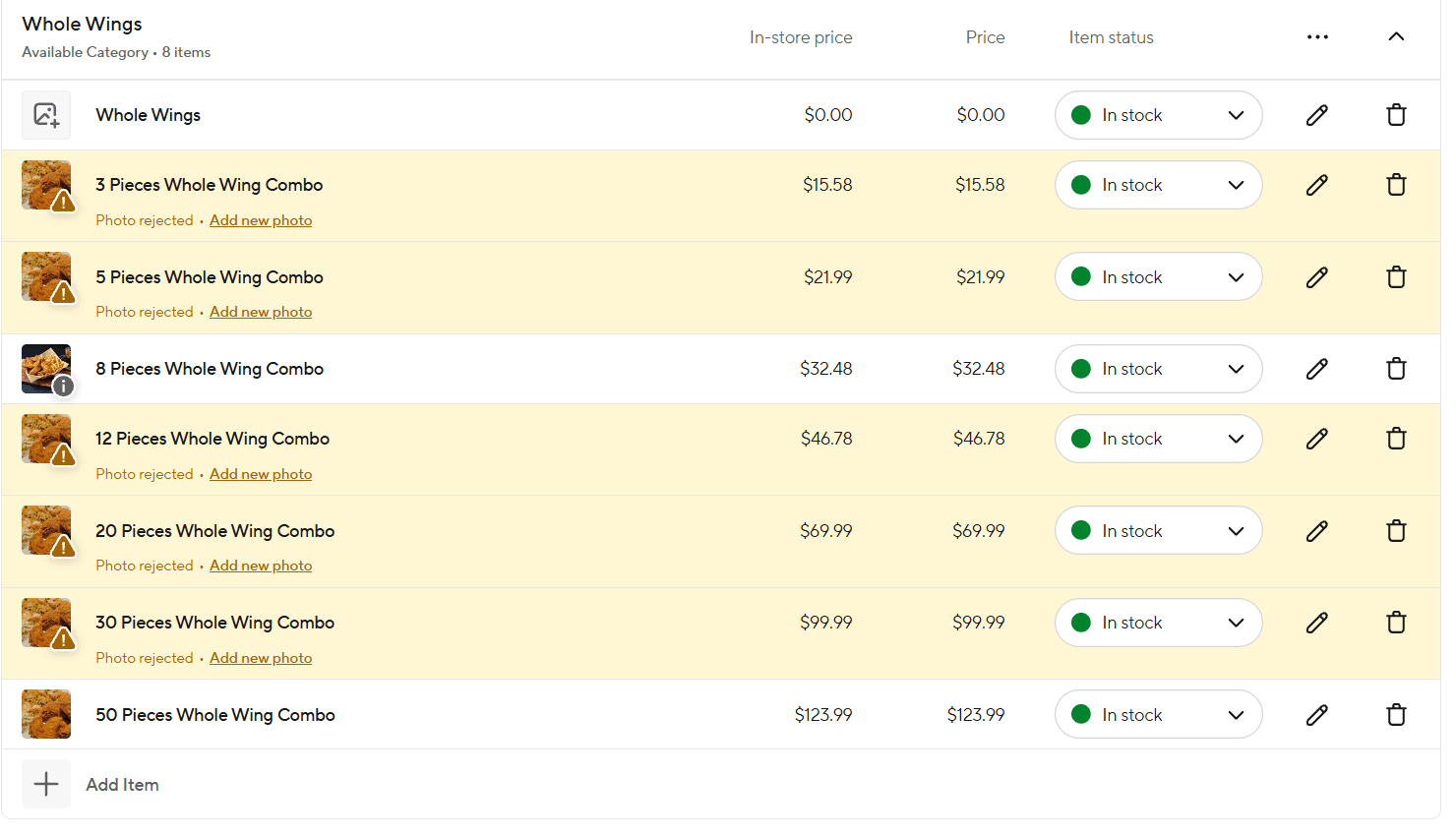 DoorDash Menu Manager showing a category of eight wing items. Five of them carry a warning triangle on the thumbnail and the line 'Photo rejected, Add new photo' under the item name, while every one of those items is still marked In stock.