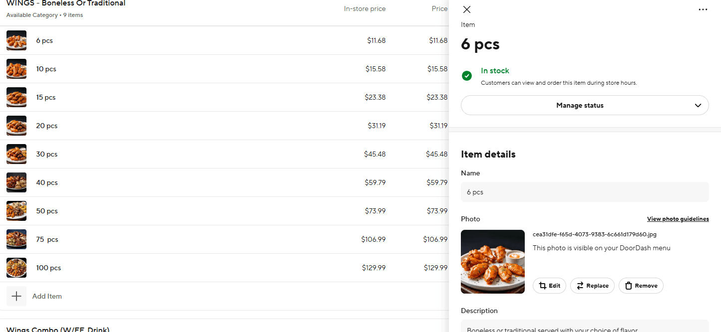 DoorDash Menu Manager showing a wings category of nine piece-count items, from 6 pcs to 100 pcs. Every item carries its own distinct thumbnail and none is flagged. The open item drawer for the 6 pcs item reads 'This photo is visible on your DoorDash menu' above Edit, Replace and Remove controls.