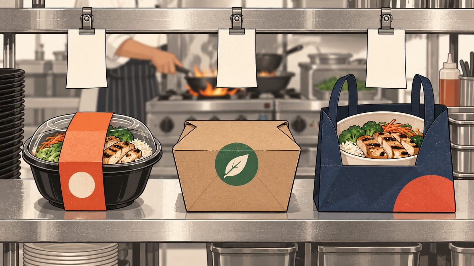 Illustration of a commercial kitchen pass holding three takeout orders of the same chicken rice bowl, packed three different ways for three delivery brands: a black bowl with an orange sleeve, a kraft paper box with a green leaf sticker, and a white bowl in a navy bag. Each has a blank order ticket clipped above it, and a cook works the stove behind.