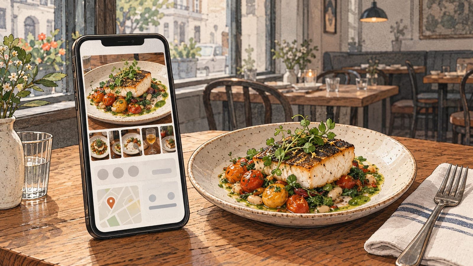 Illustration of a smartphone on a restaurant table showing a business listing on a map app: a large cover photo of a plated fish dish above a row of smaller customer photos, next to the same dish served on the table.