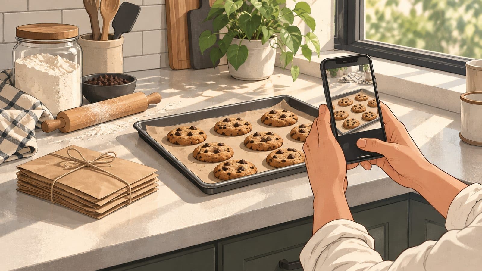 Illustration of a home baker's hands holding a phone upright to photograph a tray of chocolate chip cookies on a kitchen counter beside a sunny window, with empty counter space around the tray, a stack of kraft paper cookie bags tied with twine, a rolling pin and a flour jar.