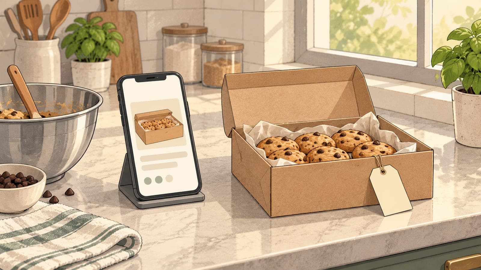 Illustration of a home kitchen counter by a window: a phone on a stand shows a listing card with a photo of a box of cookies, and beside it sits the real kraft box of chocolate chip cookies with a blank tag on a string, a mixing bowl and a folded towel.