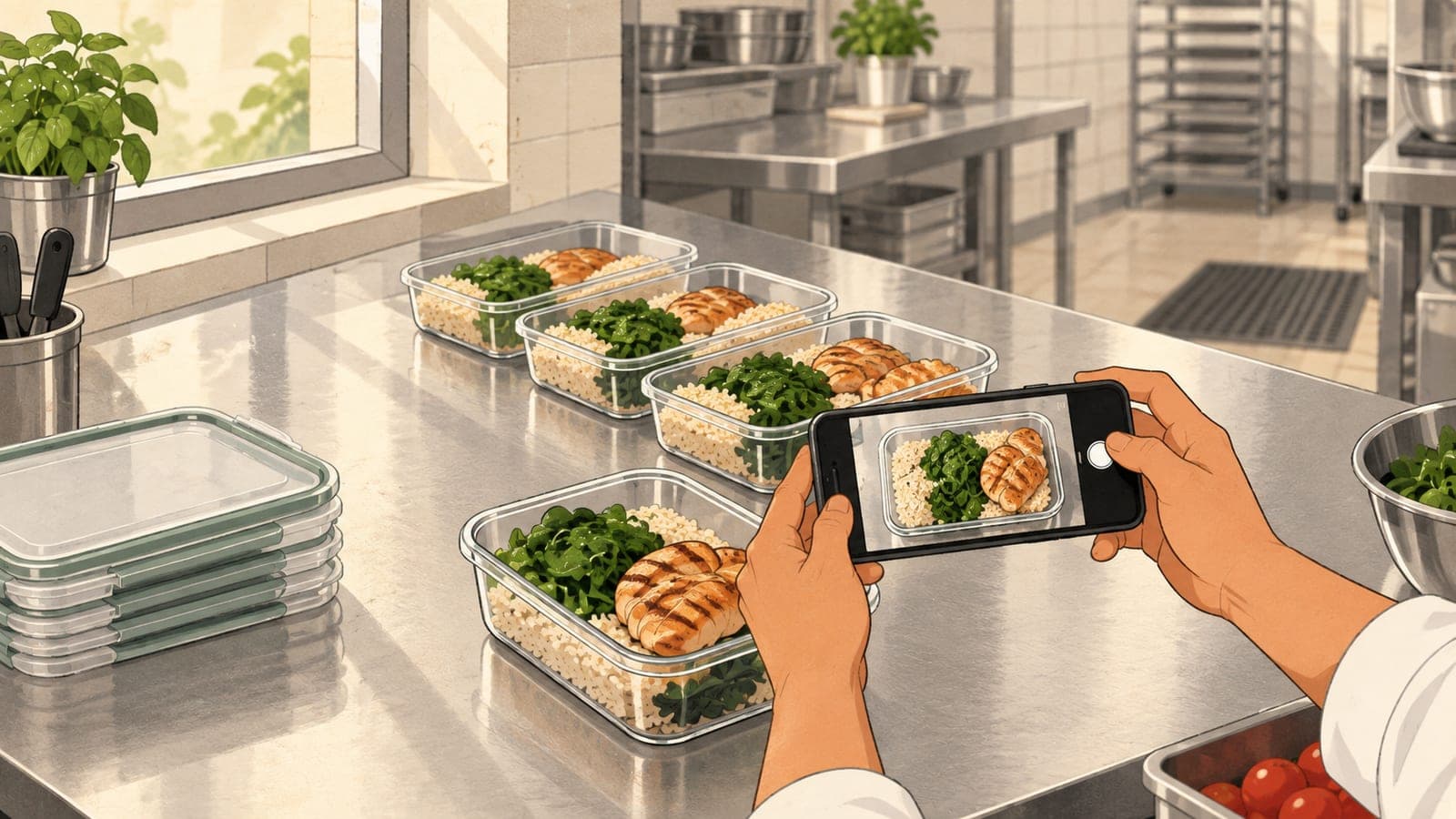 Illustration of five identical clear meal prep containers on a stainless steel counter, lids stacked beside them, one open container of rice, greens and grilled chicken being photographed with a phone held in landscape.