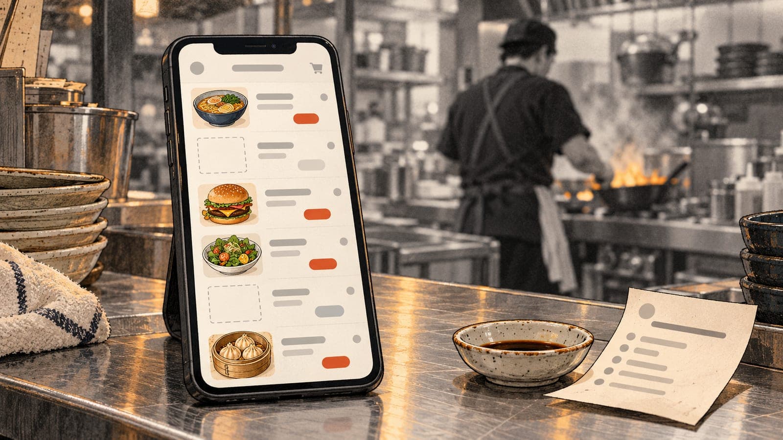 Illustration of a smartphone propped on a steel restaurant counter, showing a delivery app menu of six dishes. Four rows have food pictures: a noodle bowl, a burger, a salad and dumplings. Two rows have empty dashed photo slots. A dish of sauce and an order ticket sit beside it, and a cook works the stove behind.
