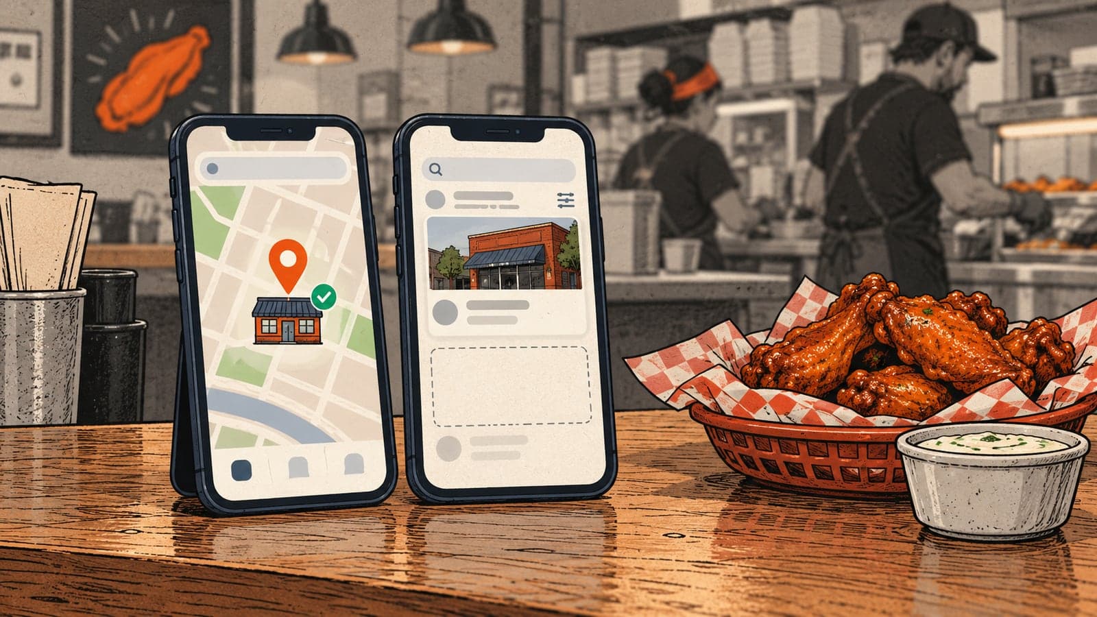 Illustration of two smartphones propped on a wing restaurant counter: the left shows a map with a tick beside a storefront pin, the right shows search results with one storefront and an empty dashed slot, next to a basket of chicken wings.