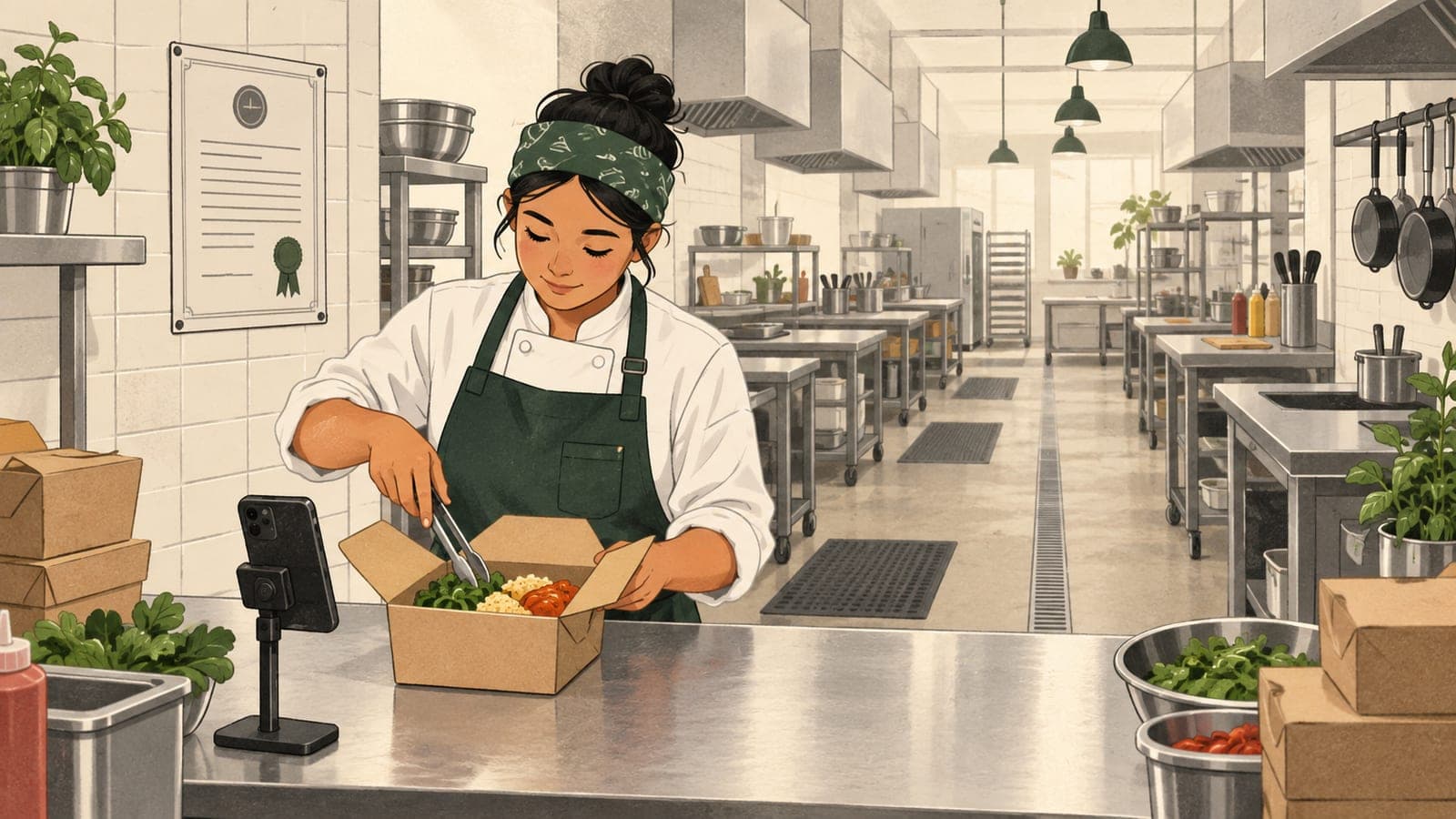 Illustration of a cook at a stainless steel table in a shared commercial kitchen, packing a meal into a kraft delivery box while a phone on a small stand is aimed at the box, a laminated permit pinned to the tiled wall and empty stations behind.