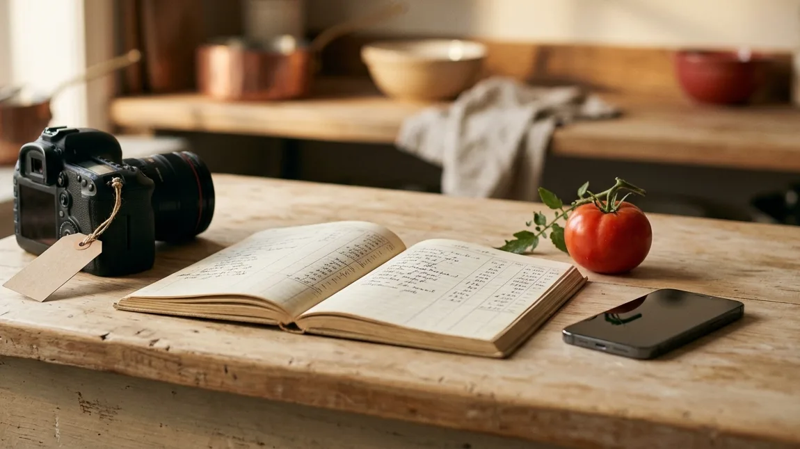 A camera with a price tag and a smartphone beside an open cost ledger on a restaurant prep counter, with one ripe tomato